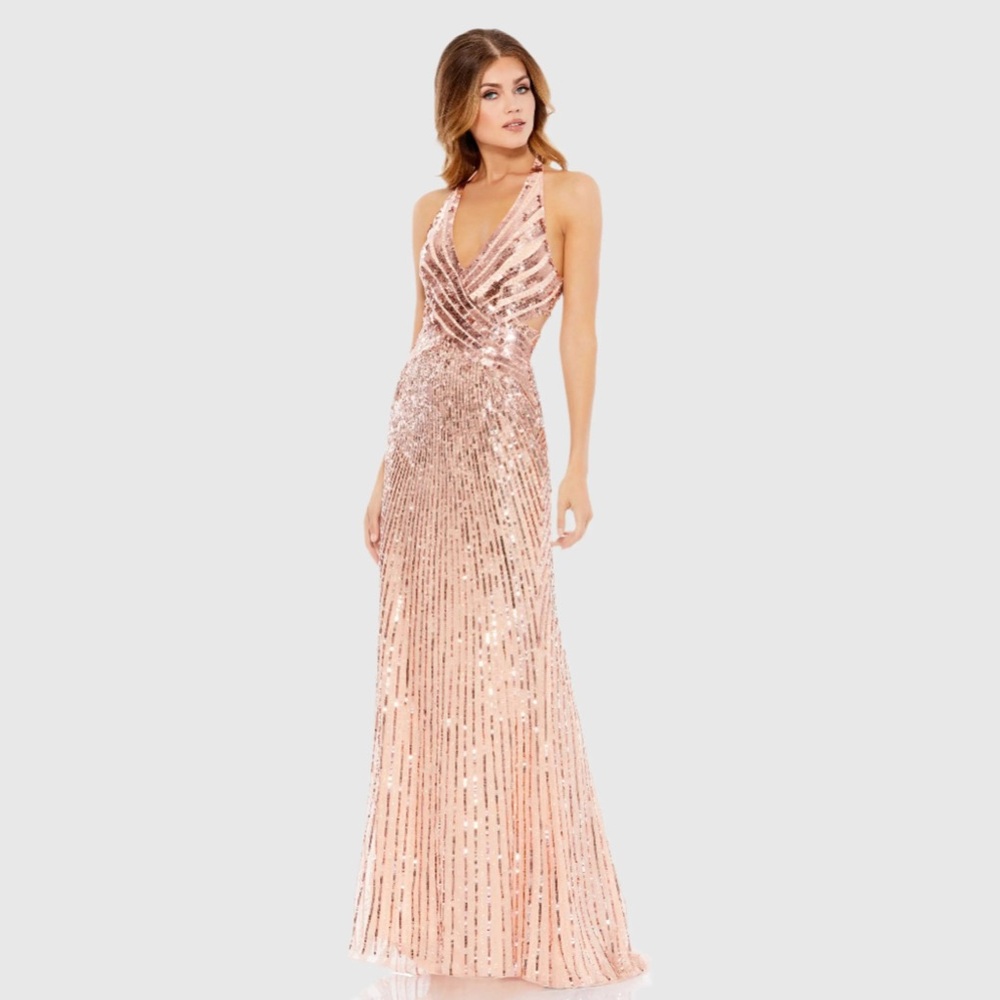 MAC DUGGAL
Pink Sleeveless Faux Wrap Sequin Embellished Cut Out Back Gown
